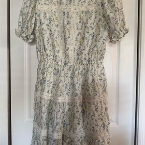 Blu Pepper Blue and Cream Tiered Midi Sundress with Puff Sleeves